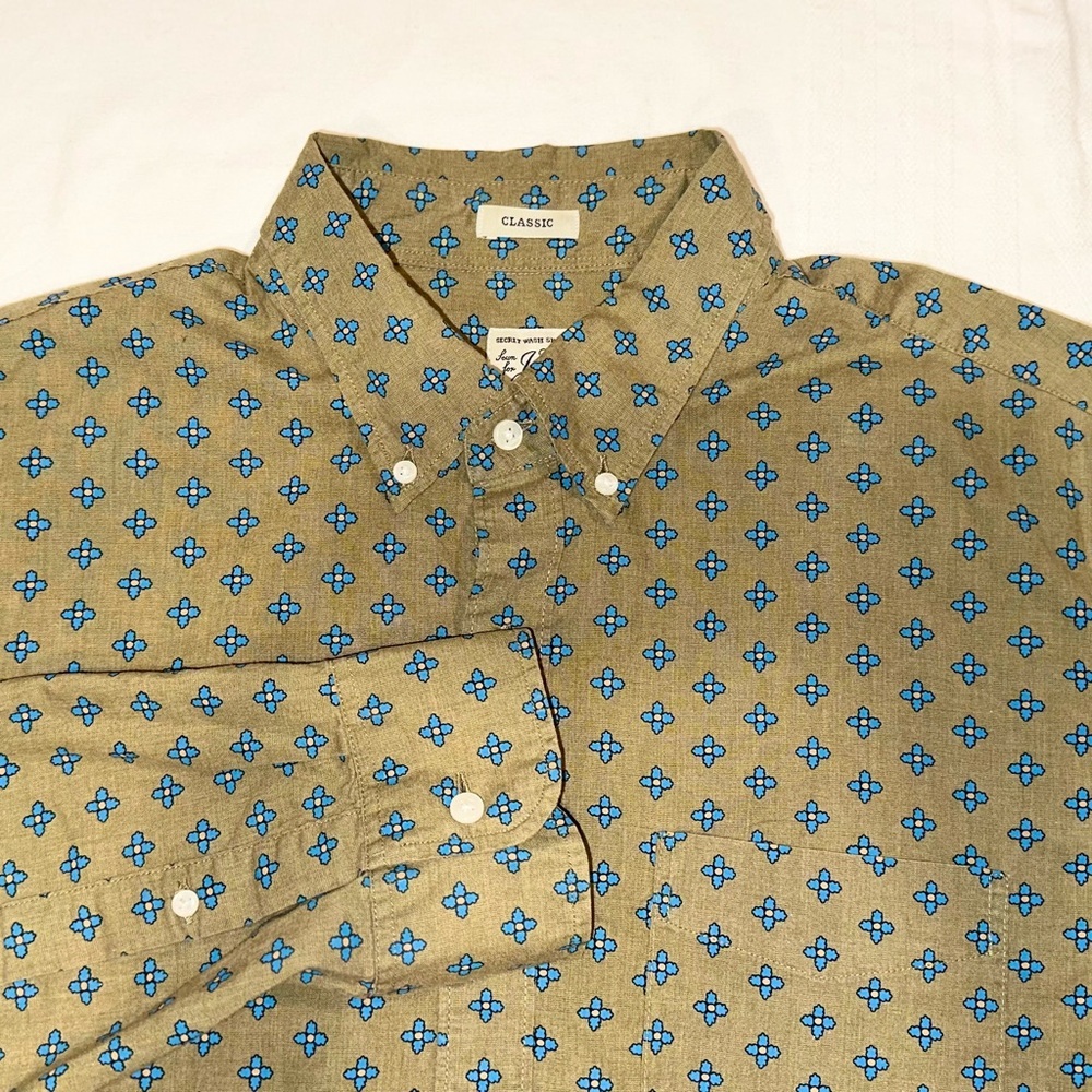 J. Crew Camp Shirt Mens Classic 100% Cotton Olive Blue Floral Button Down ~ L